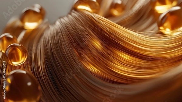 Obraz Backlit golden blonde hair flowing smoothly with warm highlights and soft shine against a blurred background. Concept of beauty and haircare