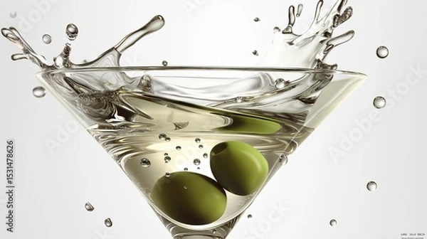 Obraz Olive oil splashing into clear glass bowl with green olives and herbs, droplets suspended in motion. Concept of Mediterranean cuisine and freshness