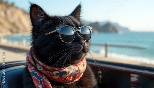 Obraz Black cat in scarf and sunglasses looking at sea horizon with mountains behind. Concept of stylish travel and freedom
