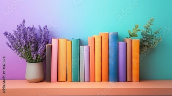 Obraz Colorful books standing upright on white wooden surface with soft shadows against pastel blue gradient background with lavender decor. Concept of childhood learning and literacy