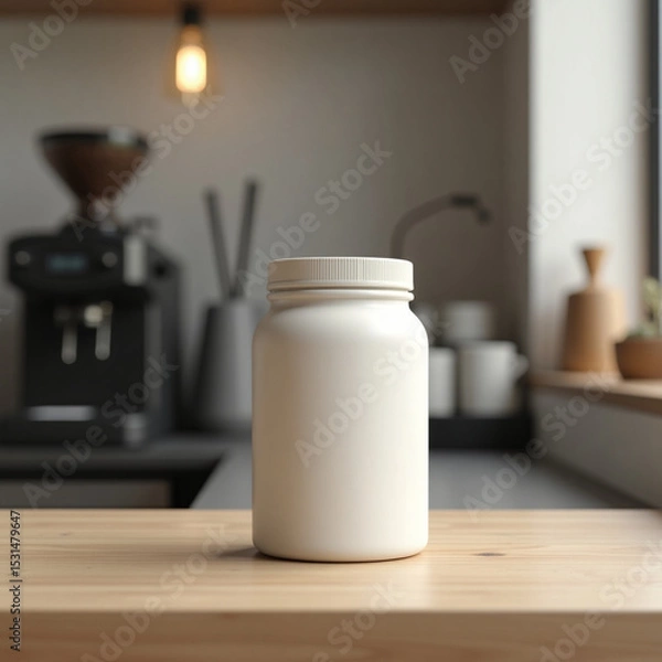 Obraz Minimalist White Jar on Wooden Table in Modern Coffee Shop Interior