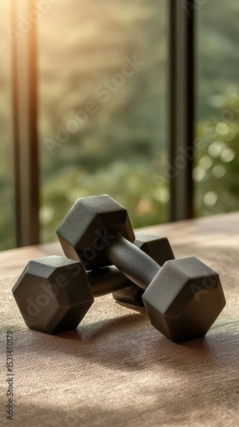 Fototapeta Matte black hexagonal dumbbells on surface