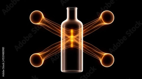 Fototapeta A transparent bottle surrounded by glowing orange energy orbs on a black background.