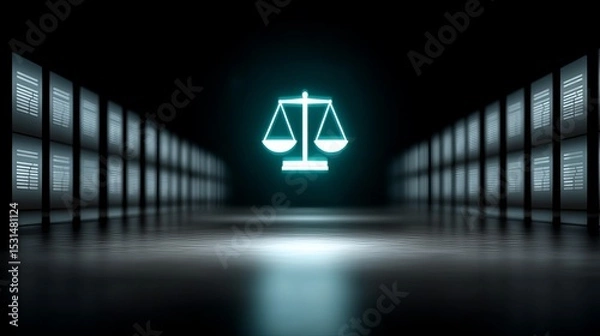 Fototapeta Futuristic digital justice symbol illuminated in a dark, high-tech environment.