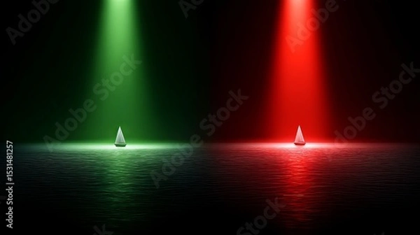 Fototapeta A sailboat illuminated by green and red lights in a tranquil sea.