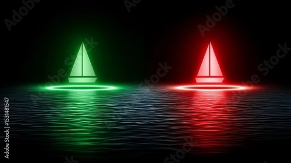 Fototapeta Two illuminated sailboats in green and red, casting reflections on dark waters.
