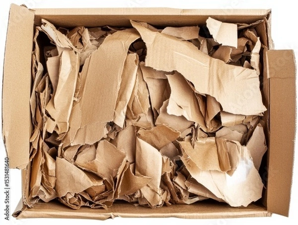 Fototapeta Top View of Cardboard Shreds in a Box, Recycling, Packing Material, Brown Paper ,shredded cardboard,packing peanuts