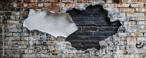 Fototapeta Torn Brick Wall with Exposed Black Brick and White Paper, Brick Wall Texture, Grunge Background Brick, Wall