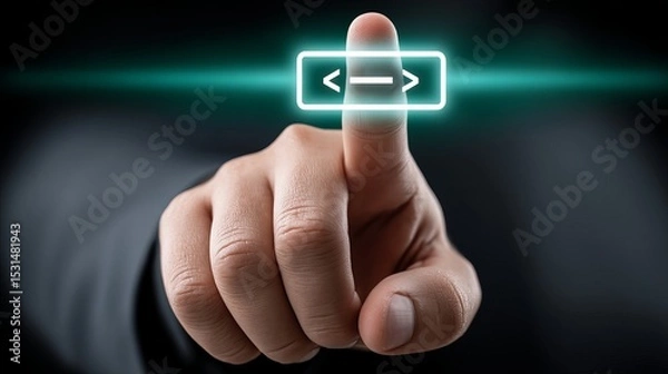 Fototapeta Close-up of a male hand interacting with a digital interface button.