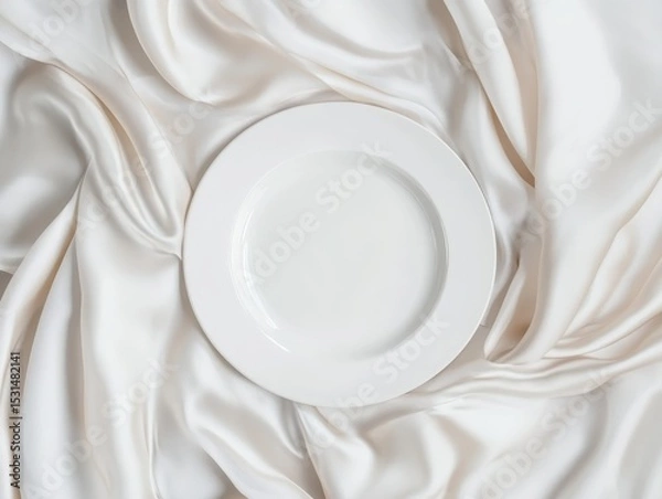 Fototapeta White Plate on Cream Silk Drape, Minimalist Table Setting, Elegant Design Tableware, Food Photography