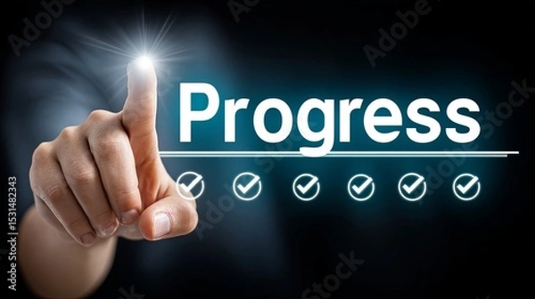 Fototapeta A hand reaching towards the word progress with check marks in the background.