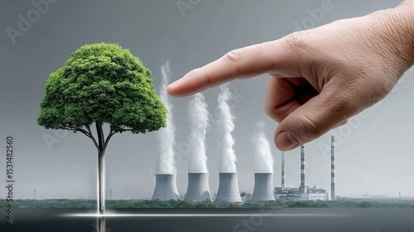 Fototapeta A man's hand reaches towards a vibrant tree, contrasted by distant industrial smokestacks.