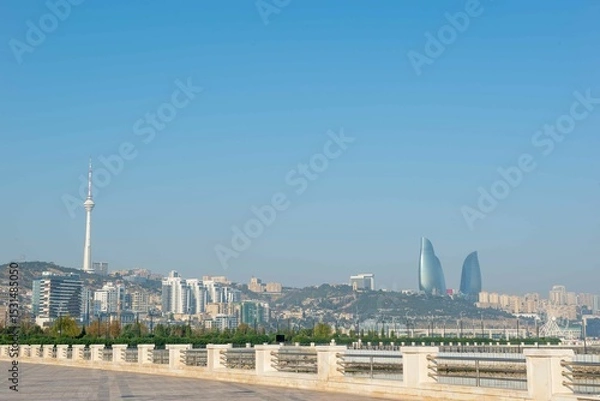 Fototapeta view of the city of Baku from the embankment of the seaside boulevard