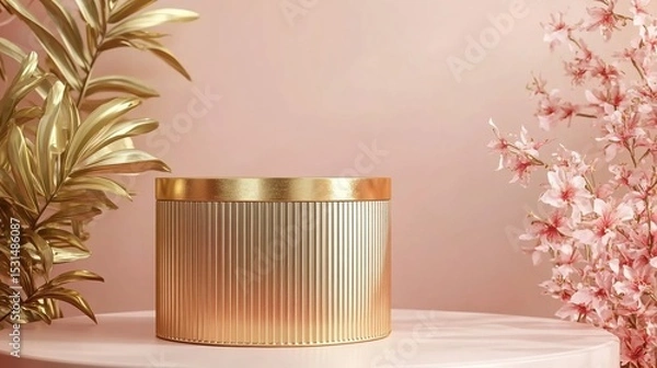 Obraz Gold round box with horizontal grooves on the table, pink background, flowers and plants, soft lighting