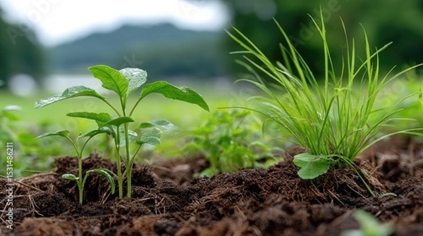 Fototapeta Young plants emerge through the soil in an open field, symbolizing new growth and vitality following recent rainfall