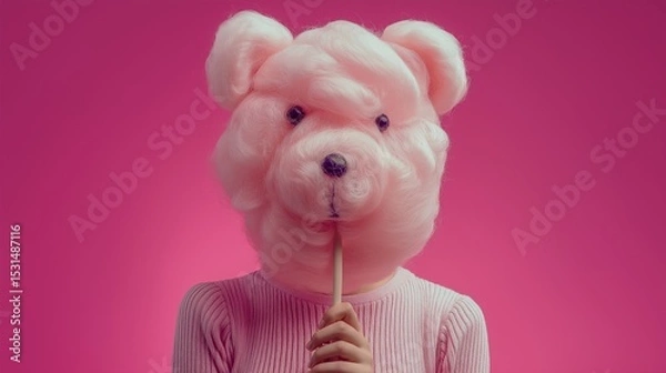 Obraz Playful Portrait Hides Identity With Cotton Candy Sweet Tooth Enjoying A Fluffy Pink Treat