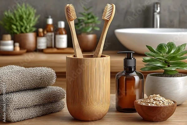 Fototapeta Wooden toothbrushes placed in bamboo stand high resolution picture
