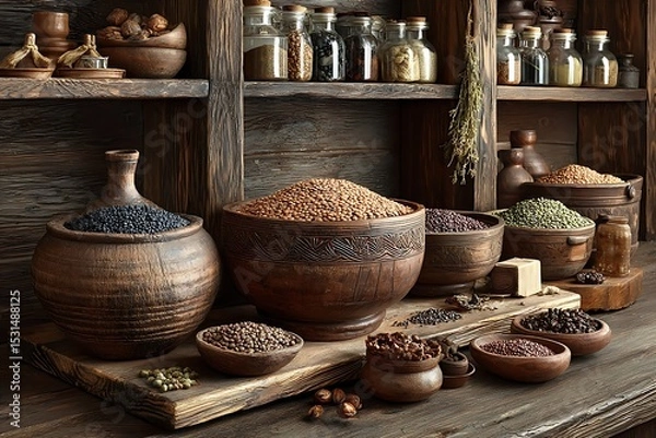 Fototapeta Wooden table filled with legume varieties high resolution picture