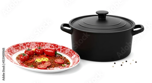 Obraz Red Plate of Tomato Stew with Black Pot and Peppercorns
