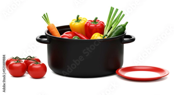 Obraz Fresh Vegetables in Black Pot with Red Plate