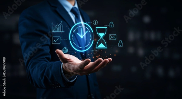 Obraz Businessman Holding Holographic Time Management Interface