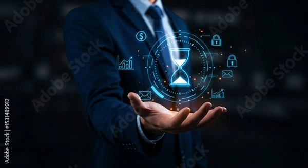 Obraz Businessman Holding Holographic Hourglass with Financial Data