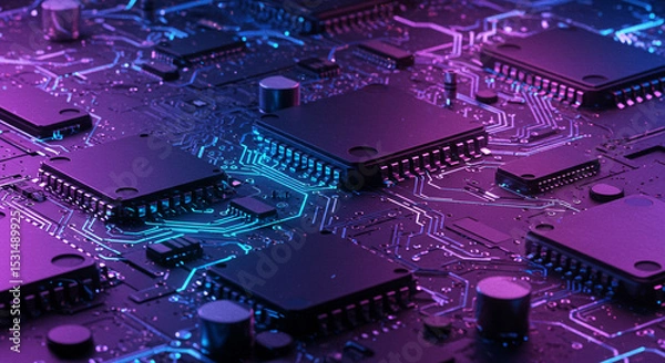 Obraz Close-up of Circuit Board with Neon Purple and Blue Lighting