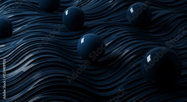 Obraz Dark Blue Abstract Background with Spheres on Wavy Surface