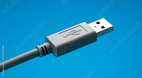 Obraz Close-up of a Grey USB Cable Connector Against a Blue Background