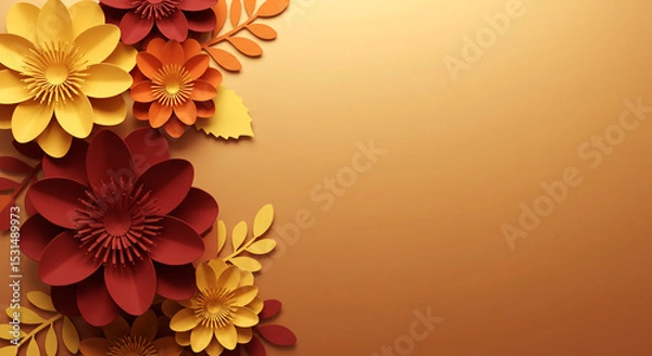 Obraz Autumnal Paper Flowers and Leaves on Orange Background