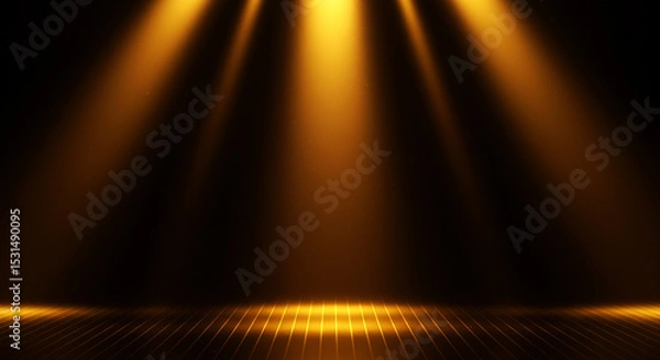 Obraz Golden Light Stage Spotlight with Dramatic Shadows, Abstract Golden and Black Background