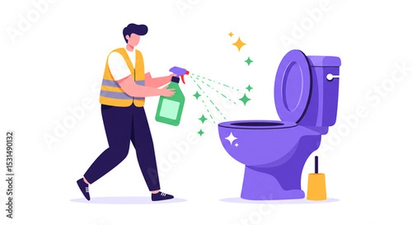 Obraz Man Cleaning Toilet With Spray Bottle