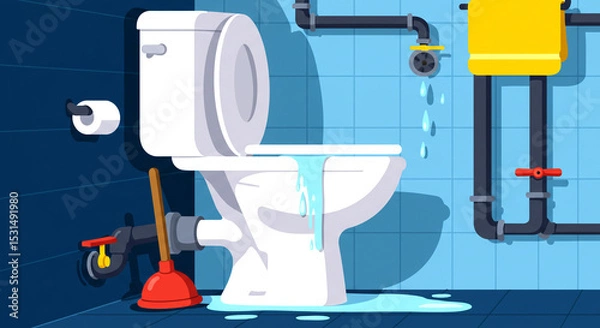 Obraz Toilet Overflowing With Water Cartoon