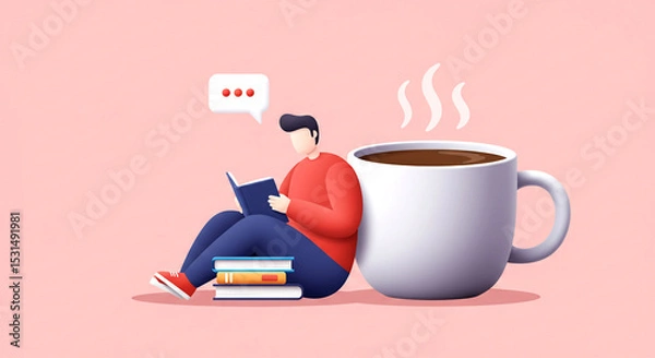 Obraz Man Reading With Coffee Cup and Stack of Books