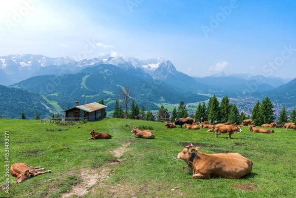 Fototapeta Grazing cows on a sunny alpine meadow with the majestic Zugspitze rising in the background, viewed from Wankberg—serene and quintessentially Bavarian.