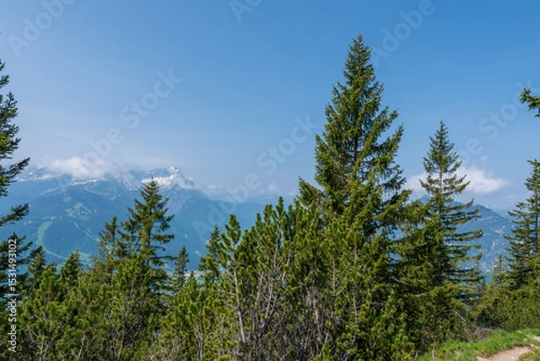 Fototapeta Hiking above the clouds on Wankberg, Germany—panoramic views of snow-capped Alps and lush valleys under a bright blue sky.
