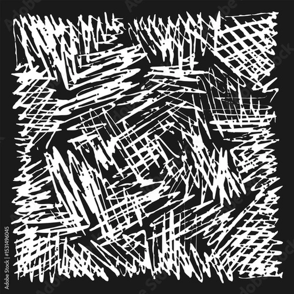 Fototapeta Handwritten texture with multidirectional white hatching on a black background. Doodles and squiggles. Vector illustration