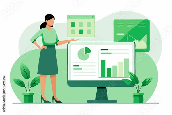 Fototapeta Woman presenting data graph on computer, office report, business insight, professional presentation, financial analysis, vector information, corporate meeting.