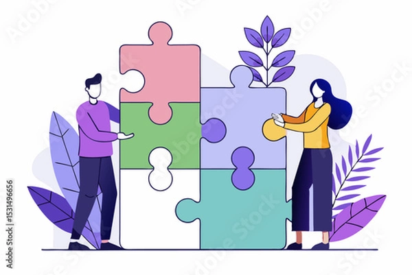 Fototapeta Creative puzzle teamwork, two people assembling colorful puzzle, plants and leaves, innovative task, vector illustration of cooperative effort, career collaboration, creative problem-solving,
