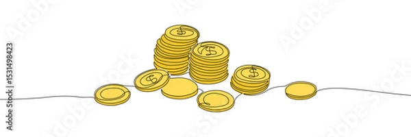 Fototapeta Stacks of yellow coins with dollar signs. One line continuous drawing style vector illustration. Money and finance concept for design and print