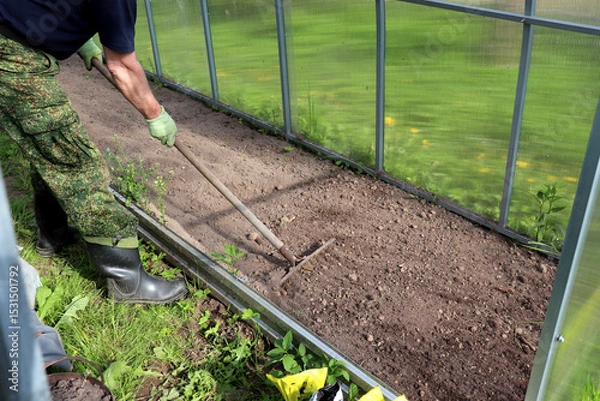 Obraz An elderly farmer in boots and gloves levels the soil with a rake after weeding a bed in a greenhouse. Agriculture, preparing the soil for planting plants - horizontal photo