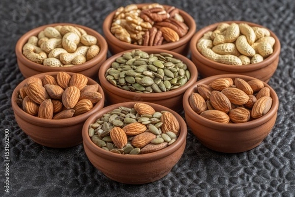Fototapeta Small bowls filled with various nuts and seeds showcase vibrant textures and colors on a dark surface. This setup highlights nutritious snacking options suitable for any time of day