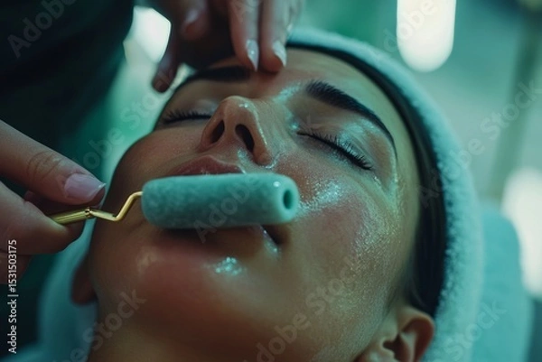 Fototapeta A cosmetologist gently rolls a jade roller across the clients face during a revitalizing facial treatment at a tranquil spa. The serene atmosphere enhances relaxation