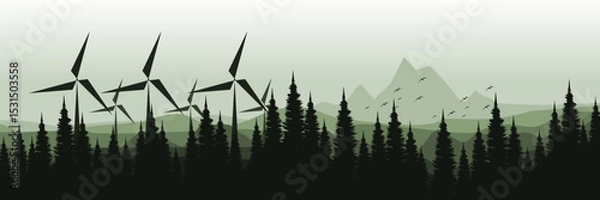 Fototapeta Wind turbines in a forested mountain landscape – renewable energy concept vector illustration good for wallpaper design, design template, background template, and tourism design template