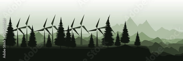Fototapeta Wind turbines in a forested mountain landscape – renewable energy concept vector illustration good for wallpaper design, design template, background template, and tourism design template