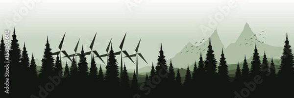Fototapeta Wind turbines in a forested mountain landscape – renewable energy concept vector illustration good for wallpaper design, design template, background template, and tourism design template