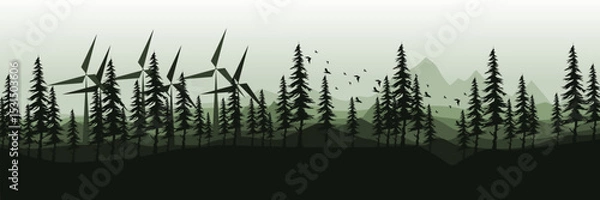 Fototapeta Wind turbines in a forested mountain landscape – renewable energy concept vector illustration good for wallpaper design, design template, background template, and tourism design template