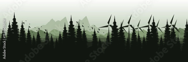 Fototapeta Wind turbines in a forested mountain landscape – renewable energy concept vector illustration good for wallpaper design, design template, background template, and tourism design template