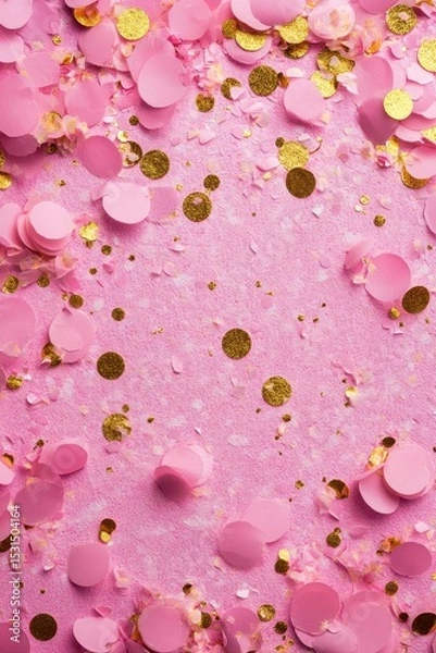 Fototapeta Confetti Vertical. Pink and Gold Confetti Flat Lay Background for Valentine and Birthday Celebration