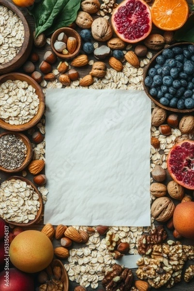 Fototapeta A flat lay showcases a blank sheet surrounded by various healthy foods such as nuts, fruits, and grains, emphasizing the theme of diet management